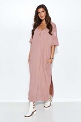 Wiskozowa Maxi Sukienka Oversize - Różowa. Czerwone sukienki damskie Makadamia, xxl, bez wzorów, z dzianiny, bez kołnierzyka, bez ramiączek, maxi, oversize. Za 229.90 zł.