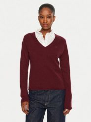 Tommy Hilfiger Sweter WW0WW43505 Bordowy Regular Fit. Czerwone swetry nierozpinane damskie Tommy Hilfiger, xxs, bez wzorów, z wełny, bez kołnierzyka, bez ramiączek. Za 299.99 zł.