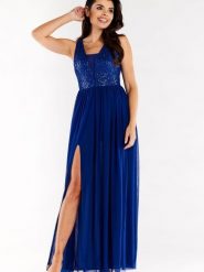 Sukienka Model A486 Blue - awama. Niebieskie sukienki damskie Awama, na wesele, l, z aplikacjami, z elastanu, eleganckie, bez kołnierzyka, plus size, bez ramiączek, maxi. Za 610.80 zł.