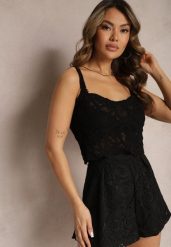 Czarny Koronkowy Tank Top z Bawełny Hassia. Czarne topy damskie Renee, bez wzorów, z bawełny, bez kołnierzyka, bez ramiączek. Za 39.99 zł.