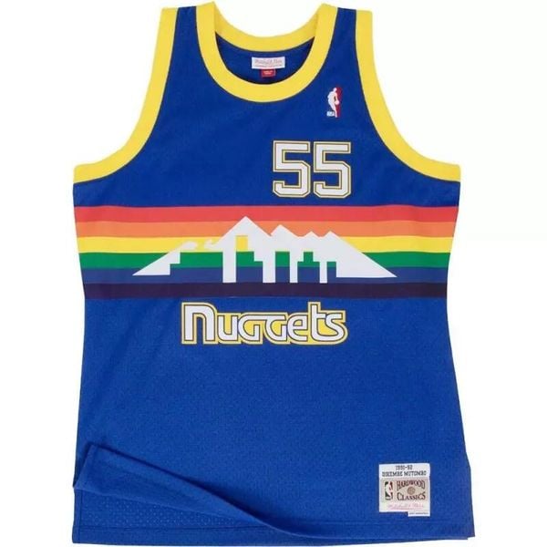Koszulka NBA Denver Nuggets Dikembe Mutombo. Niebieskie bluzki damskie Mitchell & Ness, bez wzorów, sportowe, bez kołnierzyka, bez ramiączek. W wyprzedaży za 421.00 zł.