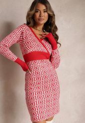 Czerwona Sukienka Mini ze Sweterkowej Dzianiny z Geometrycznym Wzorem Manounetta. Czerwone sukienki damskie Renee, bez wzorów, z dzianiny, eleganckie, bez kołnierzyka, bez ramiączek, mini, kopertowe. Za 84.99 zł.