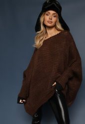 Brązowy Luźny Sweter Dzianinowy w Stylu Ponczo Nattava. Brązowe swetry nierozpinane damskie Renee, uniwersalny, bez wzorów, z dzianiny, casualowe, bez kołnierzyka, bez ramiączek. Za 84.99 zł.