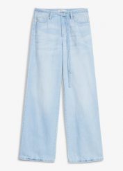 Jeansy wide leg, mid waist, z paskiem. Niebieskie jeansy damskie bonprix, bez wzorów, z denimu. Za 142.99 zł.