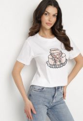 Biały T-shirt z Bawełny Ozdobiony Nadrukiem i Kokardą 3D Sanathien. Białe t-shirty damskie Born2be, l, z aplikacjami, z bawełny, klasyczne, bez kołnierzyka, bez ramiączek. Za 34.99 zł.