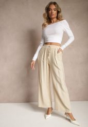Beżowe Spodnie o Szerokim Kroju High Waist z Wiązaniem Fenalin. Brązowe spodnie materiałowe damskie Renee, bez wzorów, z jeansu, eleganckie, z podwyższonym stanem. Za 44.99 zł.