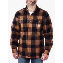 Koszula turystyczna męska Carhartt Flannel Sherpa-Lined Shirt Jac. Czerwone koszule męskie Carhartt, m, bez wzorów, casualowe, bez kołnierzyka, bez ramiączek. Za 507.99 zł.