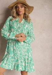 Zielona Rozkloszowana Sukienka Mini z Wiskozy w Koszulowym Stylu z Motywem Natury Berdia. Zielone sukienki damskie Renee, l, bez wzorów, z wiskozy, bez kołnierzyka, bez ramiączek, mini, koszulowe. Za 79.99 zł.