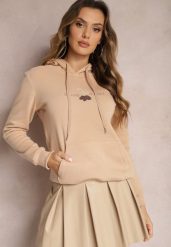 Beżowa Ocieplona Bluza z Kapturem Ozdobiona Naszywką i Napisem Eirellia. Brązowe bluzy damskie Renee, l, z aplikacjami, z dzianiny, casualowe, bez ramiączek, z kapturem. Za 79.99 zł.