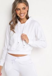 Biała Bluza z Dodatkiem Bawełny z Kapturem Wykończona Ściągaczami Evista. Białe bluzy damskie Born2be, l, bez wzorów, z bawełny, biznesowe, bez ramiączek, z kapturem. Za 39.99 zł.
