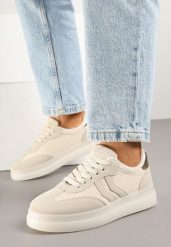 Beżowe Sneakersy Tenisówki Ozdobione Paskami Falovinia. Brązowe trampki i tenisówki damskie Renee, bez wzorów, z jeansu, bez zapięcia. Za 79.99 zł.