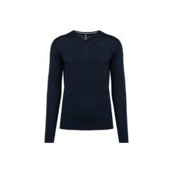 Ekologiczny sweter z dekoltem w szpic Kariban. Niebieskie swetry męskie KARIBAN, m, bez wzorów, bez kołnierzyka, bez ramiączek. Za 212.50 zł.