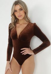 Ciemnobrązowe Welurowe Body z Głębokim Dekoltem Fennia. Brązowe body Born2be, bez wzorów, z tkaniny. Za 89.99 zł.