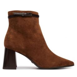 Botki Tamaris. Brązowe botki damskie Tamaris, bez wzorów, bez obcasa, na słupku, bez zapięcia. Za 484.99 zł.