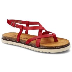 Czerwone Sandały Yokono Wygodne Skórzane Buty. Czerwone sandały damskie Yokono, bez wzorów, ze skóry, bez obcasa, bez zapięcia. Za 169.00 zł.