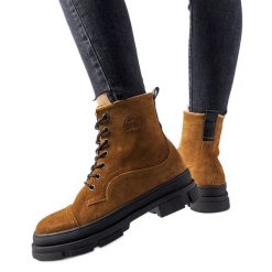 Brązowe skórzane workery Big Star KK274524. Brązowe botki damskie na zimę, bez wzorów, z gumy, eleganckie, z okrągłym noskiem, za kostkę, bez obcasa, bez zapięcia. Za 418.22 zł.