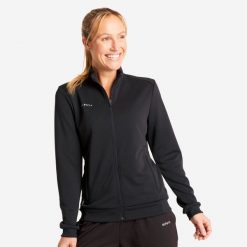 Bluza treningowa do piłki nożnej damska Kipsta Essential. Czarne bluzy damskie KIPSTA, xs, bez wzorów, z elastanu, sportowe, bez ramiączek, bez kaptura. Za 89.99 zł.