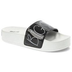 Klapki damskie Big Star, szeroki pasek z dekoracyjnym nadrukiem wsuwany fason bez zapięć lekka profilowana podeszwa, biały/czarny, JJ274A276. Białe klapki damskie BIG STAR, na lato, bez wzorów, retro, bez obcasa, na platformie, bez zapięcia. Za 89.00 zł.