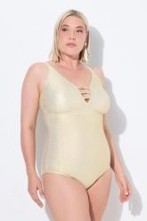 Damski Strój kąpielowy wzór w fale miękkie miseczki regulowane ramiączka. Brązowe stroje kąpielowe damskie Ulla Popken, plus size, bez wzorów, z elastanu. Za 233.99 zł.