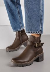 Brązowe Botki w Stylu Sztybletów na Niskim Obcasie z Paskiem ze Sprzączką Lathorie. Brązowe botki damskie Renee, bez wzorów, z jeansu, klasyczne, bez obcasa, na obcasie, bez zapięcia. Za 139.99 zł.