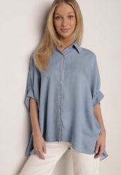 Jasnoniebieska Nietoperzowa Koszula Oversize z Wiskozą z Rękawami 3/4 Mathei. Niebieskie koszule damskie Born2be, m, bez wzorów, z materiału, casualowe, bez kołnierzyka, bez ramiączek. Za 139.99 zł.