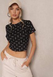 Czarny T-shirt z Bawełny Ozdobiony Brokatem Olindara. Czarne t-shirty damskie Renee, m, z aplikacjami, z bawełny, bez kołnierzyka, bez ramiączek. Za 39.99 zł.