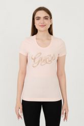 GUESS Różowy t-shirt Script. Czerwone t-shirty damskie Guess, xs, z aplikacjami, bez kołnierzyka, bez ramiączek. W wyprzedaży za 164.99 zł.