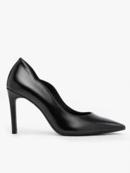 Czarne czółenka ze skóry licowej na szpilce. Czarne czółenka damskie Ryłko, bez wzorów, z gumy, eleganckie, bez obcasa, na szpilce, bez zapięcia. Za 399.99 zł.