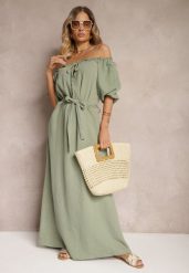 Ciemnozielona Bawełniana Sukienka z Muślinu Wiązana przy Dekolcie z Paskiem i Gumką w Talii Tasda. Zielone sukienki damskie Renee, na co dzień, bez wzorów, z bawełny, bez kołnierzyka, bez ramiączek, maxi, proste. Za 159.99 zł.