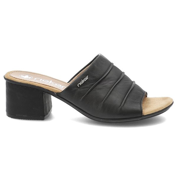 Czarne Klapki Rieker Eleganckie Obuwie Damskie. Czarne klapki damskie Rieker, na lato, bez wzorów, z materiału, biznesowe, bez obcasa, na obcasie, bez zapięcia. Za 209.00 zł.