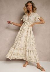 Beżowa Rozkloszowana Sukienka Boho z Bawełny z Chwostami Haftami i Metaliczną Nicią Divirna. Brązowe sukienki damskie Renee, na imprezę, na lato, l, z aplikacjami, z bawełny, boho, bez kołnierzyka, bez ramiączek, maxi, rozkloszowane. Za 89.99 zł.