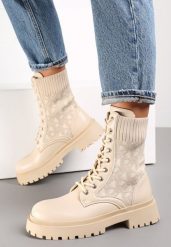 Beżowe Botki Workery z Elastyczną Cholewką Sznurowane Eideia. Brązowe botki damskie Renee, z aplikacjami, z dzianiny, eleganckie, bez obcasa, na obcasie, bez zapięcia. Za 89.99 zł.