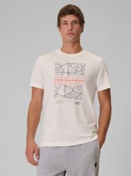 4F T-shirt regular z nadrukiem męski - kremowy L. Białe t-shirty męskie 4F, l, bez wzorów, z bawełny, bez kołnierzyka, bez ramiączek. Za 69.99 zł.