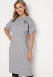 Szara Sukienka z Wiskozą Bawełną i Odpinanym Kwiatem 3D Zeiada. Szare sukienki damskie Born2be, l, bez wzorów, z bawełny, bez kołnierzyka, bez ramiączek, midi. Za 109.99 zł.