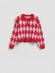 Wzorzysty sweter z kołnierzykiem - wielobarwny. Swetry nierozpinane damskie Reserved, l, bez wzorów, z dzianiny, bez kołnierzyka, bez ramiączek. W wyprzedaży za 59.99 zł.