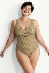 Damskie Strój kąpielowy fakturowane paski miękkie miseczki ozdobny pierścień. Brązowe stroje kąpielowe damskie Ulla Popken, plus size, bez wzorów, z elastanu. Za 191.99 zł.