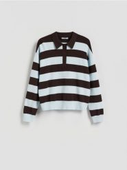 Sweter w paski - jasnoniebieski. Niebieskie swetry nierozpinane damskie Reserved, l, bez wzorów, z dzianiny, bez kołnierzyka, bez ramiączek. Za 129.99 zł.