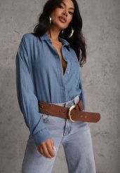 Niebieska Denimowa Koszula z Bawełną i Kieszonką Worimi. Niebieskie koszule damskie Renee, bez wzorów, z bawełny, bez kołnierzyka, bez ramiączek. Za 99.99 zł.