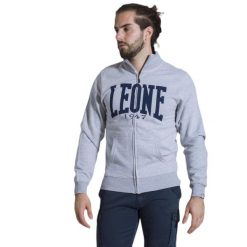 Bluza z zamek błyskawiczny na co dzień na siłownię. Szare bluzy męskie LEONE 1947 APPAREL, bez wzorów, z bawełny, sportowe, bez ramiączek, bez kaptura. Za 164.19 zł.