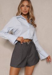 Szare Luźne Szorty z Paskiem i Klamrą Motylem oraz Kieszeniami Verithria. Szare szorty damskie Renee, bez wzorów, eleganckie. Za 119.99 zł.