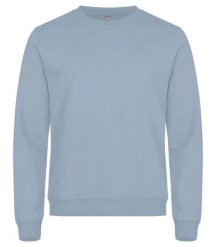 Clique Miami Roundneck – unisexowy sweter z bawełny i poliestru z recyklingu. Niebieskie swetry męskie CLIQUE, xs, bez wzorów, z bawełny, bez kołnierzyka, bez ramiączek. Za 167.03 zł.