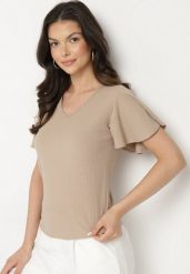 Ciemnobeżowa Bluzka z Szerokimi Rękawami Sunevia. Brązowe bluzki damskie Born2be, m, bez wzorów, z jeansu, eleganckie, bez kołnierzyka, bez ramiączek. Za 34.99 zł.