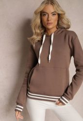 Brązowa Bluza Kangurka z Bawełny ze Ściągaczami w Paski i Kapturem Gaiana. Brązowe bluzy damskie Renee, bez wzorów, z bawełny, casualowe, bez ramiączek, z kapturem. Za 99.99 zł.