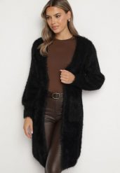 Czarny Niezapinany Kardigan z Wełną i Wsuwanymi Kieszeniami Riabelle. Czarne kardigany damskie Born2be, bez wzorów, z jeansu, eleganckie, bez kołnierzyka. Za 99.99 zł.