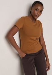 Brązowy Bawełniany T-shirt w Klasycznym Stylu Nedila. Brązowe t-shirty damskie Born2be, m, bez wzorów, z bawełny, klasyczne, bez kołnierzyka, bez ramiączek. Za 39.99 zł.