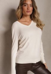 Jasnobeżowy Casualowy Sweter z Wiskozą Bawełną i Trójkątnym Dekoltem Miaressa. Brązowe swetry nierozpinane damskie Renee, l, bez wzorów, z bawełny, casualowe, bez kołnierzyka, plus size, bez ramiączek. Za 49.99 zł.
