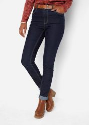Jegginsy high-waist ze stretchem i szerokim wygodnym paskiem. Niebieskie jeansy damskie bonprix, bez wzorów, z jeansu, z podwyższonym stanem. Za 97.99 zł.