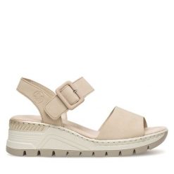 Sandały Rieker. Brązowe sandały damskie Rieker, bez wzorów, bez obcasa, na koturnie, bez zapięcia. Za 289.99 zł.