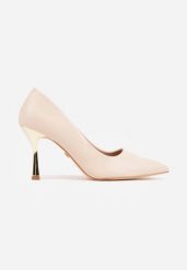 Beżowe Szpilki VICES ze Skórzaną Wkładką i Metalicznym Obcasem Nesslisa. Brązowe szpilki damskie Renee, bez wzorów, z satyny, bez obcasa, na obcasie, bez zapięcia. Za 99.99 zł.