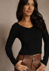 Czarny Prążkowany Sweter z Wiskozą Ozdobiony Guzikami i Metaliczną Nitką Lidanovia. Czarne swetry nierozpinane damskie Renee, s, bez wzorów, z jeansu, casualowe, bez kołnierzyka, bez ramiączek. Za 79.99 zł.